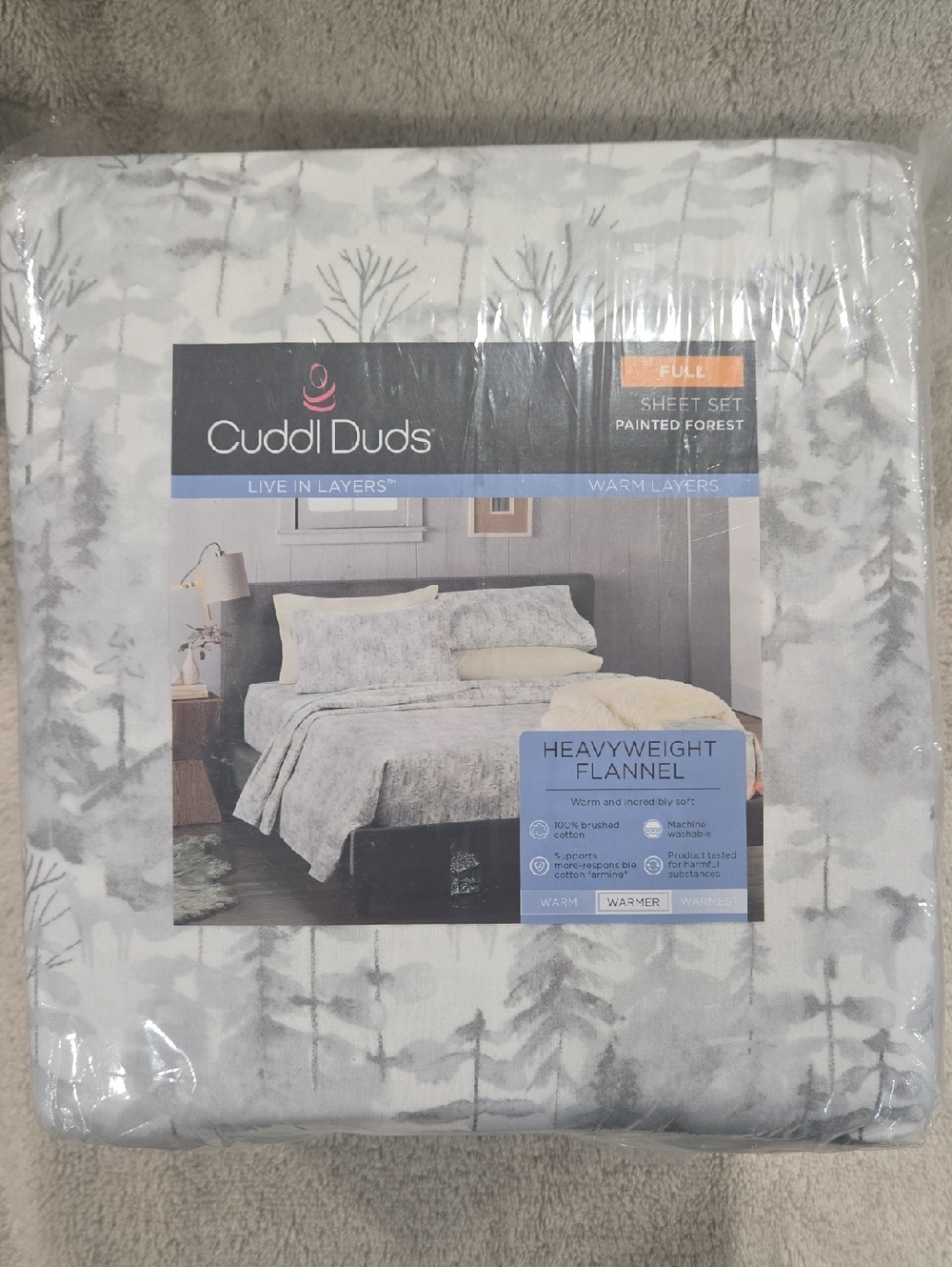 Cuddl Duds Painted Forest Heavyweight Flannel Full Size Sheet Set - NEW